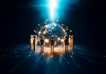 People figures surround a bright globe with network lines. Light shines down, symbolizing global connection and communication.