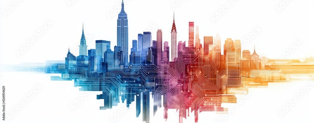 Poster futuristic city skyline with abstract circuit patterns and gradient colors of blue, purple, and oran