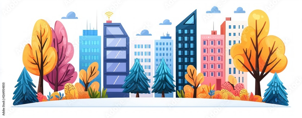 Aufkleber vibrant cityscape with colorful trees and modern buildings in a flat design style