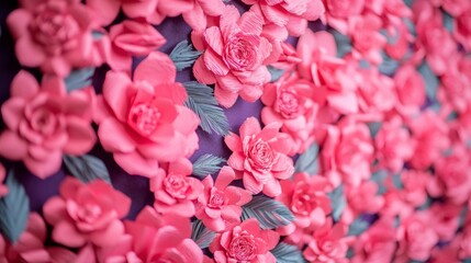 Fototapeta premium Festive Pink Paper Flowers Wall Decor Wedding Party Background