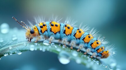 Colorful caterpillar leaf dew nature macro