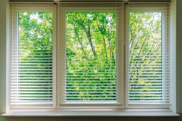 Wooden blinds on large windows, sunlight. Elegant living room interior with houseplants, wood blinds. Motorized jalousie in the smart house. Modern window shutters, roller. Duo system day and night.