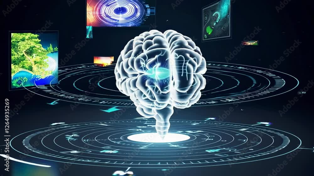 Poster Hologram human brain receiving images and data in a futuristic digital environment, a neural network concept inspired by neuralink, in slow motion