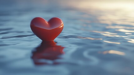 Fototapeta premium Glossy red heart floating gently on rippling water surface at sunset