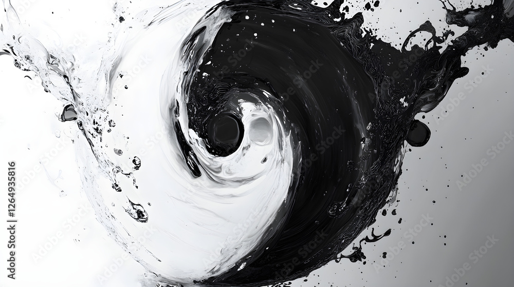 Poster ink splashes in black and white creating a yin-yang effect