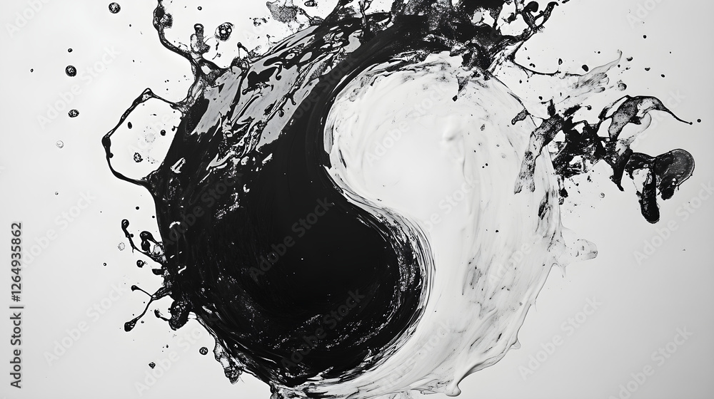 Poster ink splashes in black and white creating a yin-yang effect