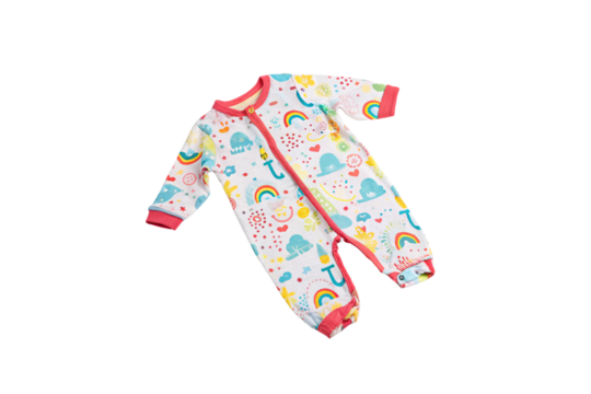 A baby onesie covered in rainbows, smiling suns, and hearts, giving a joyful and dreamy feel. Pink trim complements the bright, playful, and whimsical design, isolated on a transparent background