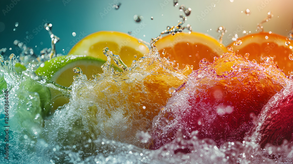 Poster juice splashes of multiple colors forming a wave pattern