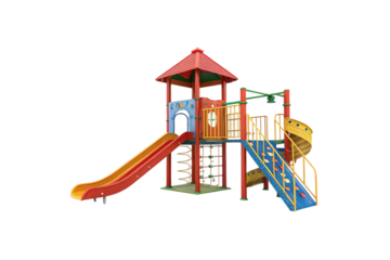 A colorful playground with slides, ladders, and a climbing wall under a red-roofed tower. Bright yellow, blue, and red create a fun, engaging atmosphere, isolated on a transparent background