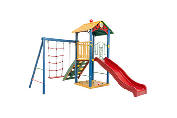 A compact playground with a red slide, a yellow-roofed tower, a climbing net, and a swing set. Sturdy wooden beams and bright accents add charm, isolated on a transparent background
