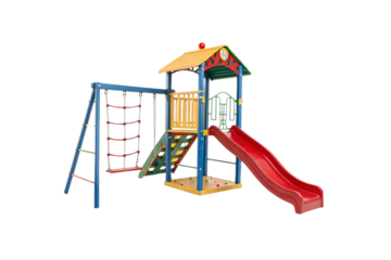 A compact playground with a red slide, a yellow-roofed tower, a climbing net, and a swing set. Sturdy wooden beams and bright accents add charm, isolated on a transparent background