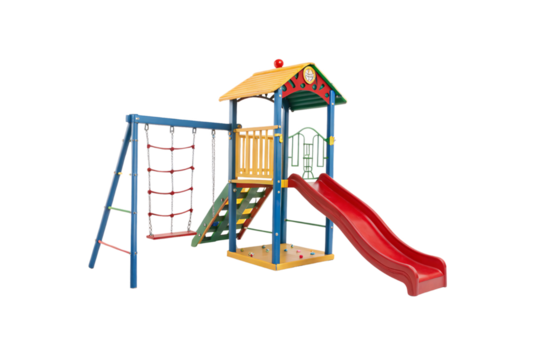 A compact playground with a red slide, a yellow-roofed tower, a climbing net, and a swing set. Sturdy wooden beams and bright accents add charm, isolated on a transparent background