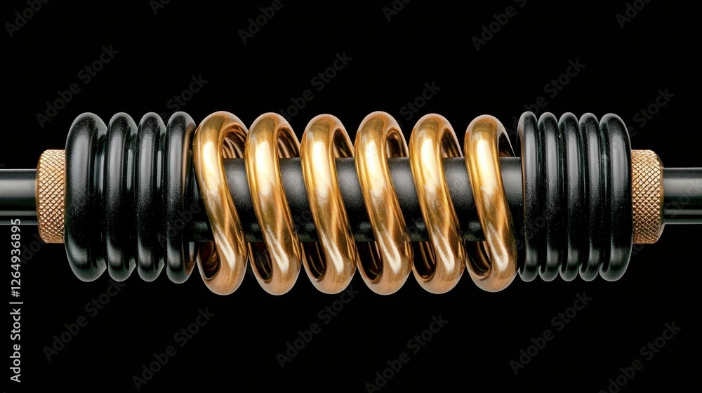 Poster Abstract close-up of metallic springs in black and gold colors on a dark background for creative design concepts
