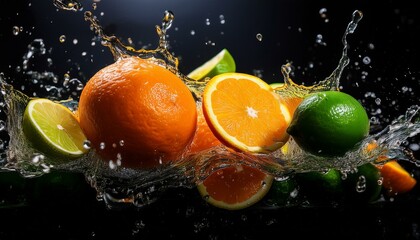 A dynamic composition featuring vibrant oranges, lemons, and limes mid-splash, with water droplets frozen in motion. The dark background enhances the bright colors, creating a fresh and energizing 