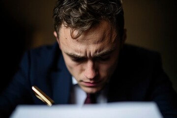 Man in suit writing at desk; concentrated, financial report background, lifestyle use