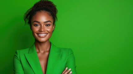 Confident woman in a vibrant green blazer poses with a smile against a bright green backdrop