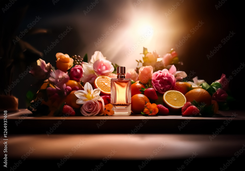 Aufkleber a perfume bottle is centered amidst a colorful display of flowers and assorted fruits on a wooden su