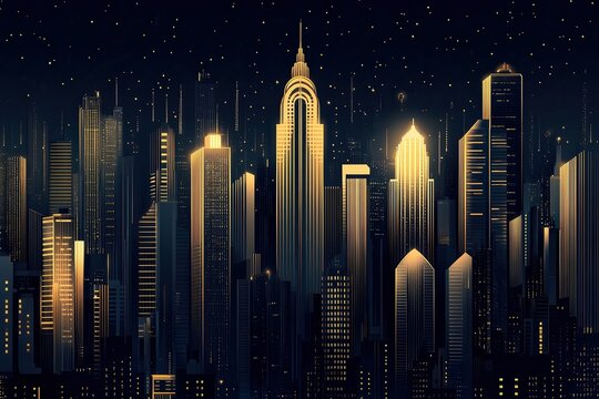  Illuminated city skyline at night with modern skyscrapers glowing, art deco building prominent, starry sky backdrop, urban landscape, elegant and majestic view.
