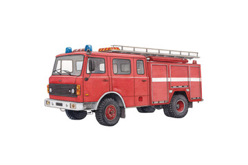 A hand-drawn fire truck with a red boxy body, black tires, blue sirens, white stripe detailing, and an extendable ladder resting neatly on the vehicle’s roof, isolated on a transparent background