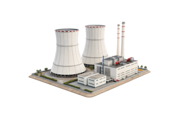 A high-tech nuclear power plant with imposing cooling towers, interconnected buildings, red ventilation pipes, and a secure fence, reflecting innovation, isolated on a transparent background