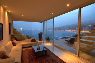Fototapeta premium Modern living room with stunning coastal view at dusk in a luxurious beachfront property