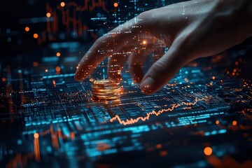  Close-up of hands stacking coins with a digital financial graph overlay displaying increasing trends. Symbolic representation of financial growth and investment.