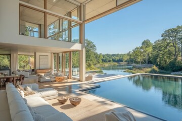 Fototapeta premium Modern architectural design features expansive view of lake and lush greenery in serene residential setting
