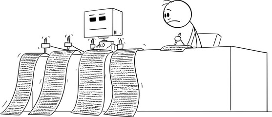 Effective AI or artificial intelligence worker and slow human worker, vector cartoon stick figure or character illustration.