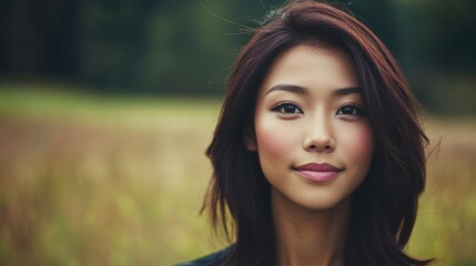 Naklejka premium Serene Asian Woman Portrait Nature Background Beauty Skincare