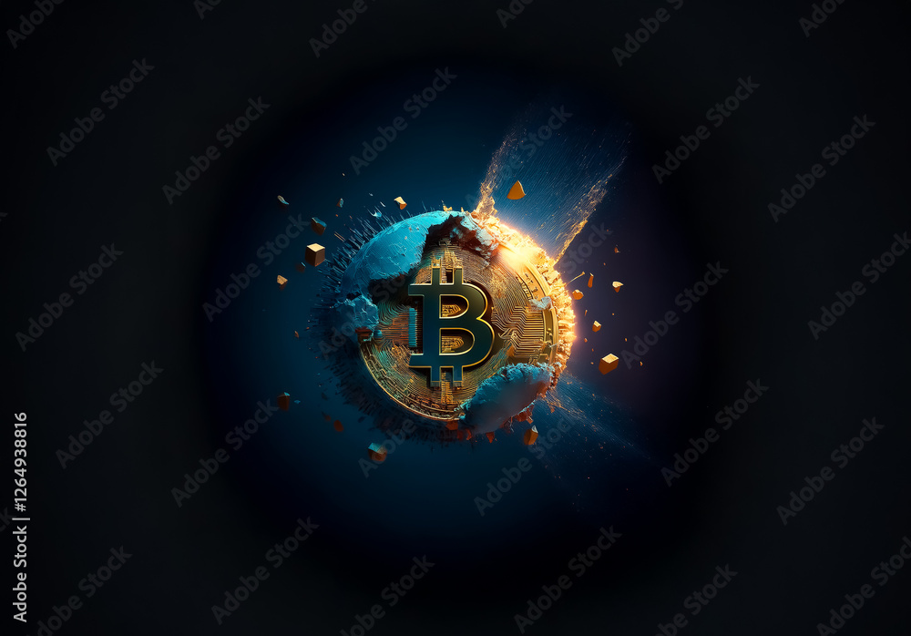Poster a sphere with a bitcoin symbol is glowing brightly, radiating light rays and surrounded by floating 