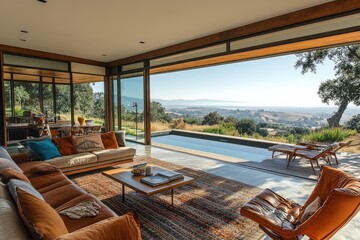 Fototapeta premium Modern living room with panoramic view of hills and a swimming pool during a sunny day
