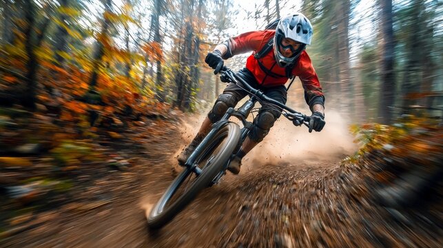 Mountain biker racing down a steep, rugged trail in a forest, dirt flying, focused expression, dynamic movement captured in motion blur