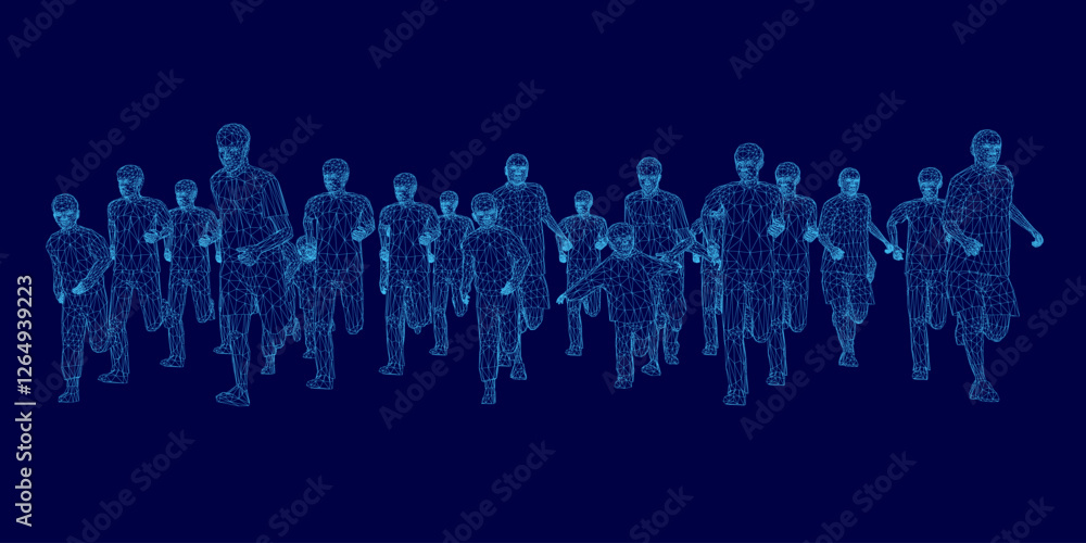 Poster a group of people running in a line. the image is in blue and is very blurry. front view