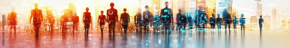 Poster silhouetted figures against urban skyline with vibrant colors and glowing lights in a dynamic city s