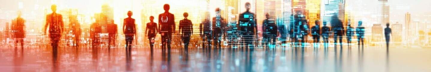 Fototapeta premium Silhouetted Figures Against Urban Skyline with Vibrant Colors and Glowing Lights in a Dynamic City Setting