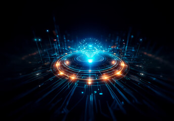 A glowing, futuristic structure with blue and orange lights radiates energy against a dark backdrop.  Circular layers and bright beams create a sense of advanced technology and abstract digital art.