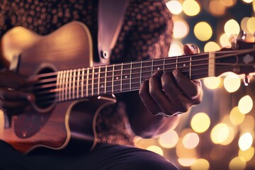 Fototapeta premium Close-up of a musician playing an acoustic guitar with warm bokeh lights in the background, focusing on the fretboard and hands during a performance session.