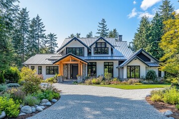  Large modern farmhouse with wooden beams, black roof, big windows, gravel driveway, lush green trees, and bright blue sky, elegant countryside home