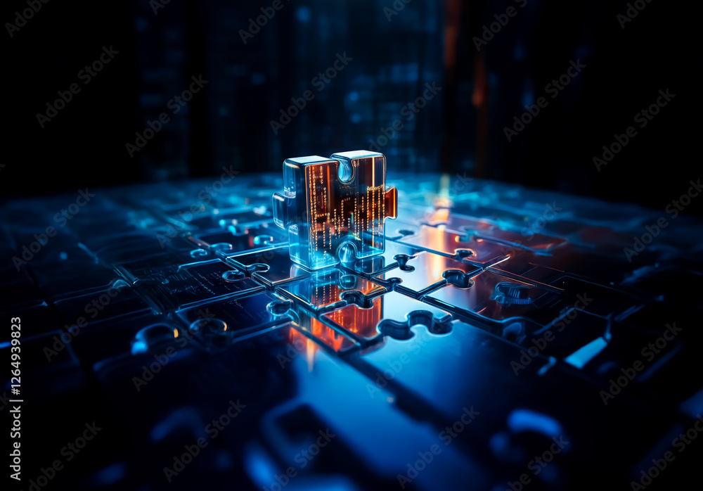 Poster a metallic abstract object is illuminated with blue light and sits on a detailed circuit board, repr