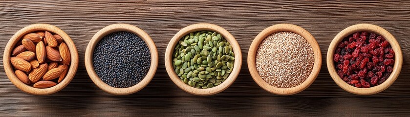 Fototapeta premium Overhead view of a selection of nutritious organic nuts and dried fruits such as almonds cashews pistachios cranberries and raisins arranged in bowls on a rustic wooden table