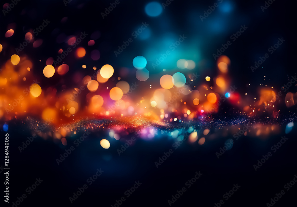 Aufkleber Abstract image of blurred lights with orange, blue, and purple sparkles creates a dreamy and vibrant bokeh effect against a dark backdrop.