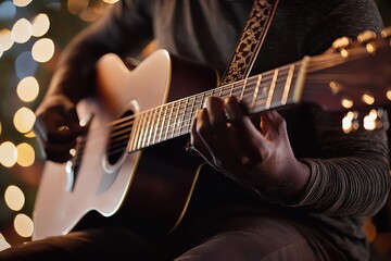 Obraz premium A close-up of an African American man's hands playing an acoustic guitar, illuminated by warm bokeh lights, creating a cozy and intimate musical atmosphere.