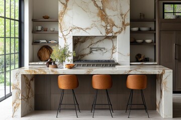Modern kitchen interior featuring elegant marble countertops and stylish bar stools in a bright space