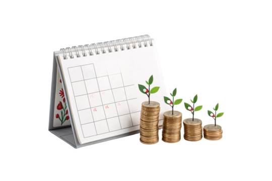 A standing desk calendar with a blank grid, next to stacked gold coins with tiny plants sprouting from them. The image suggests financial planning and growth, isolated on a transparent background