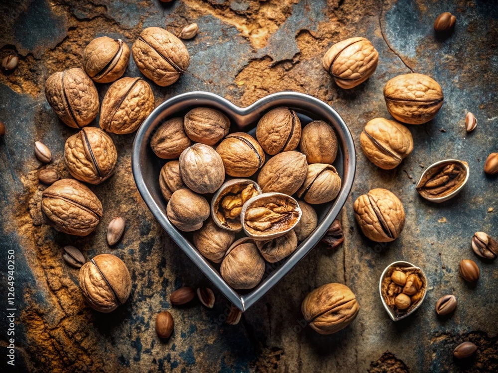 Poster heart-shaped walnut shells & kernels with nutcracker on rustic metal - close-up stock photo