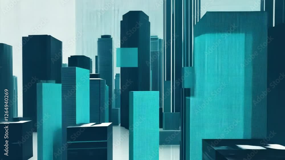 Poster vivid visuals showcase a futuristic urban landscape with towering structures and dynamic geometric p