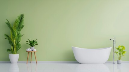 Fototapeta premium Serene Green Bathroom Modern Tub Plants Relaxation