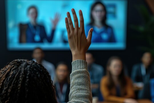 Attentive participant raises a hand during a dynamic hybrid conference call with remote presenters, fostering engagement and inclusive communication in a modern meeting.