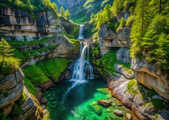 Aerial shot captures Savica Waterfall's magnificence, showcasing Slovenia's breathtaking landscape.