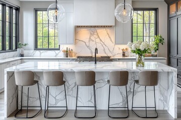 Modern kitchen design featuring marble countertops and stylish bar stools in a bright atmosphere